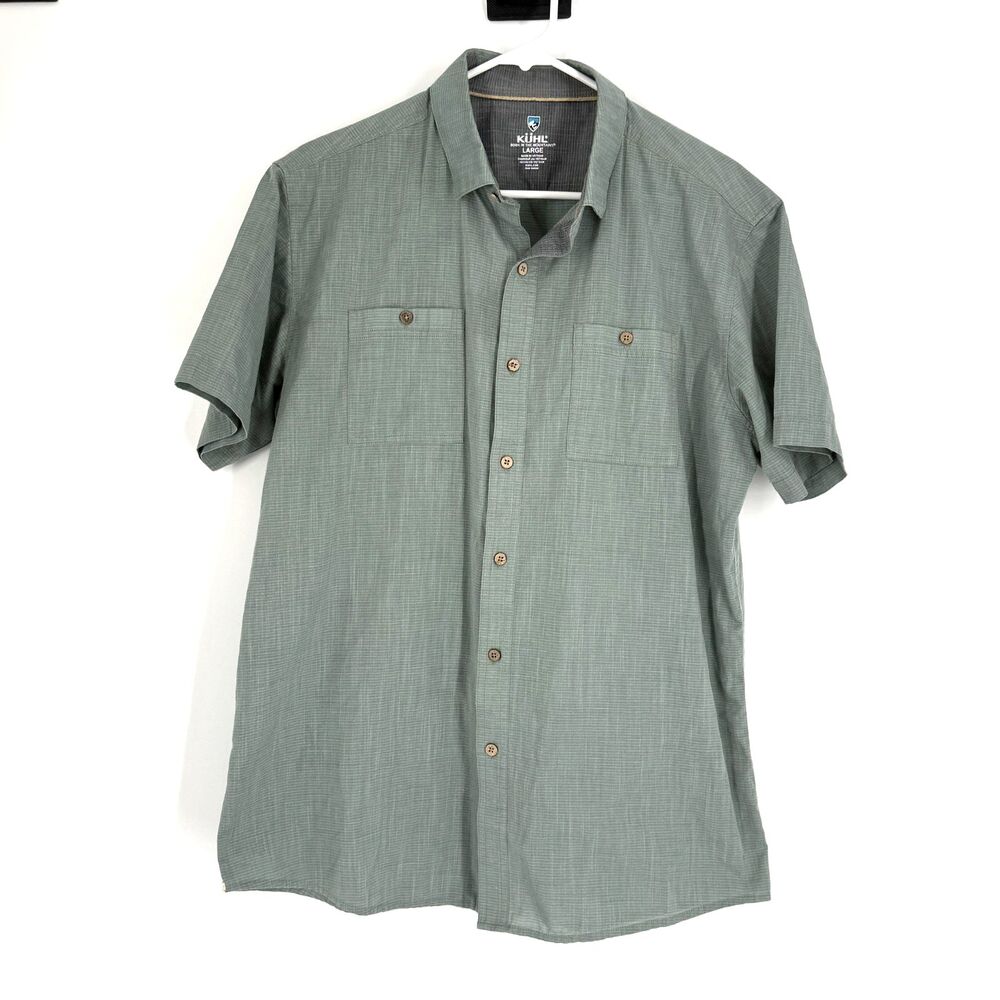 KUHL Karib Shirt Mens L Green Short Sleeve Outdoor Hiking Pockets Travel Fish